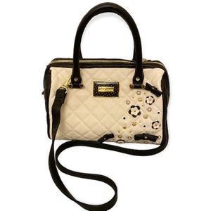 Betsey Johnson Crossbody Satchel Handbag Purse Ribbons Flowers Pearls Blk Cream